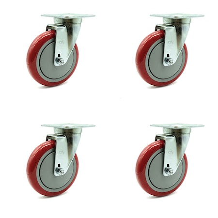 Service Caster Universal Kitchen Casters - 5" Red Poly Wheel - 4 Swivel SCC-20S514-PPUB-RED-TPU1-4